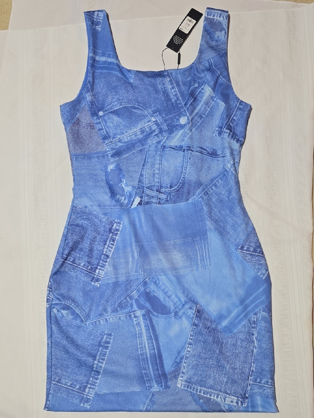 NWT! Women's XL Fashion Nova Blue Denim-Print Bodycon Dress - Picture 3 of 5